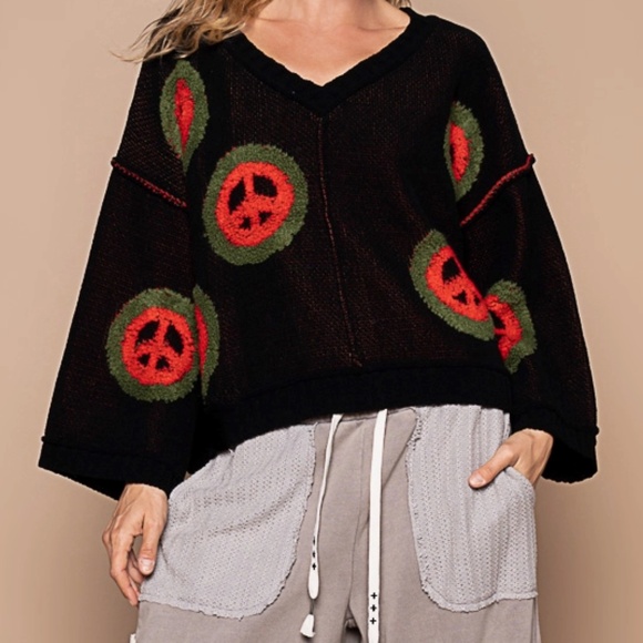 NEW! POL Clothing Peace Sign Crop Sweater Black,Red,Green Sizes S,M, & L - Picture 2 of 8